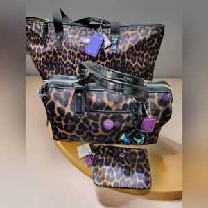 Coach 3 Piece Ocelot Print Women's Bag Set. Tote, Purse And Wristlet.